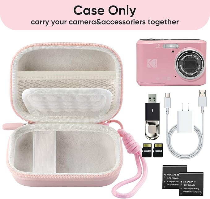 Camera Case for Digital Camera CAMKORY DC403 FHD 1080P/ KODAK PIXPRO FZ55/ FZ45, Small Travel Compact Camera Holder with Mesh Pocket for Accessories SD Card (Pink)