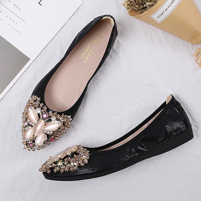 Women Ballet Flats Sparkly Rhinestone Wedding Ballerina Shoes Pointed Toe Foldable Comfort Slip on Flat Dress Shoes