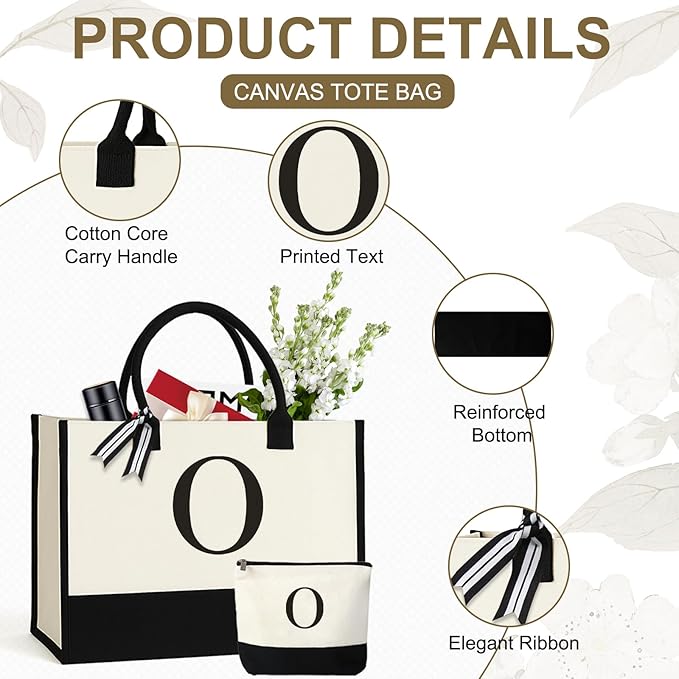 Personalized Canvas Tote Bag for Women Makeup Pouch Initial Beach Bag Removable Bottom Board for Travel Birthday