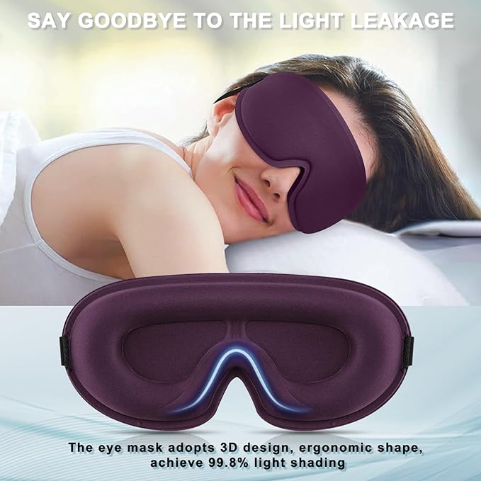 2 Pack Sleep Mask for Side Sleeper, Complete Light Blocking 3D Sleeping Eye Mask, Soft Breathable Eye Cover for Women Men, Travel, Nap, Relaxing Zero Pressure Night Blindfold (Black+Purple)