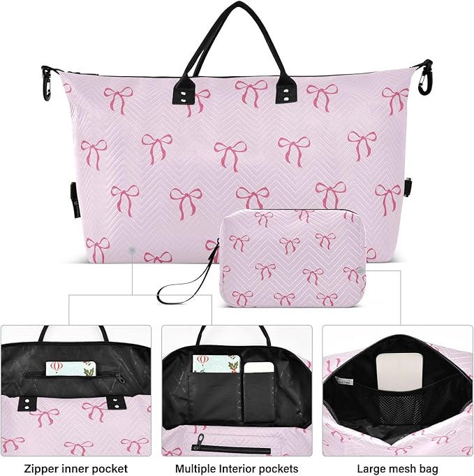Travel Duffle Bag, Good Night Cute Bows Gym Bag with Storage Bag Weekender Overnight Bag for Men Women Trip Sports Yoga