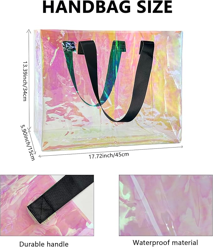 Holographic PVC Beach Bag Waterproof - 18×13×6inch Large Clear Tote for Women Men Pool Travel Sandproof Carry All