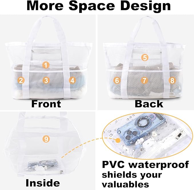 Mesh Beach Bag,Large Beach Bags for Women with 8 Pockets,Packable Tote Bag for Beach Cruise Pool Vacation Essentials