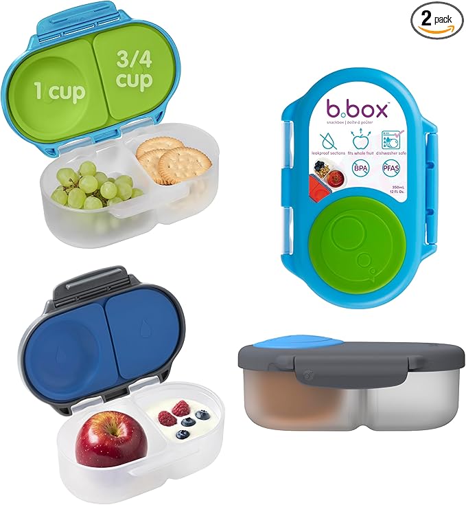 b.box Snack Box 2 Pack - Leak Proof Mini Bento Box for Kids & Toddlers, 2 Compartment Snack Containers for Kids, Dishwasher Safe, BPA Free, PFAS Free, Ages 4m+, 1 3/4 Cup Each (Ocean Blue + Slate)