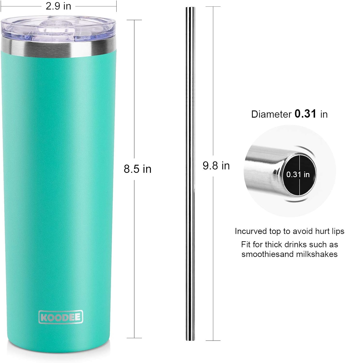 koodee 20 oz Skinny Tumbler (2 Pack) Stainless Steel Double Wall Insulated Water Tumbler Cup with Straw, Slim Travel for Women Diy Birthday Gift (Teal-Pink)