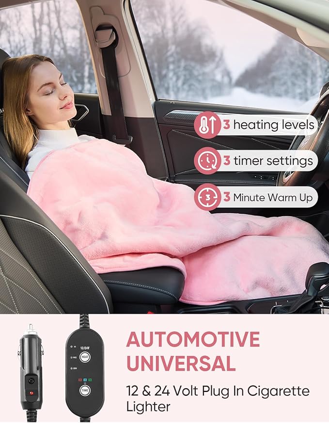 12V/24V Heated Car Blanket, Electric Blanket Flannel Heating Throw for Car, SUV, RV, or Camping, 60" x 44", Hi/M/Lo Heating Settings, Auto-Off Timer,Pink