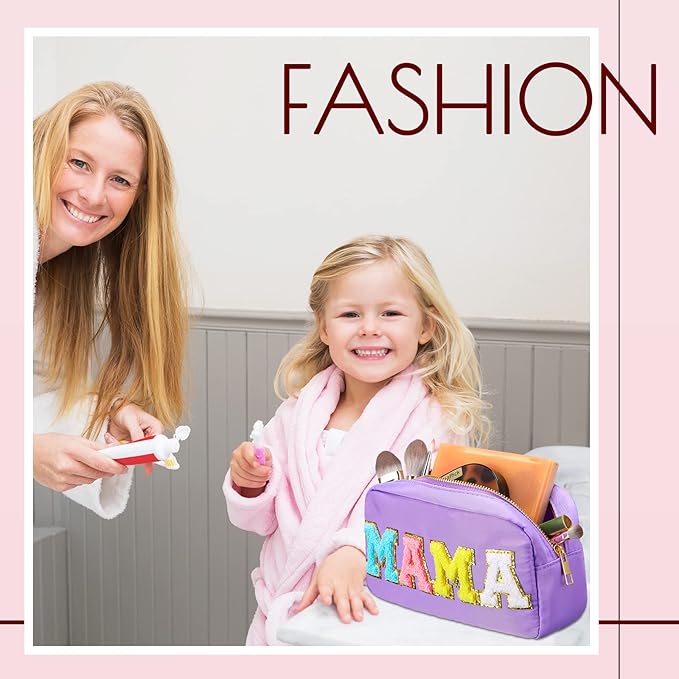 Sanwuta 2 Pieces Mama Gifts Makeup Bag Mom Pouch Birthday Gifts Nylon Cosmetic Bag Mothers Day Appreciation Toiletry Preppy Patch Chenille Letter for Women Her New Mom(Purple, Pink,Baby and Mama)