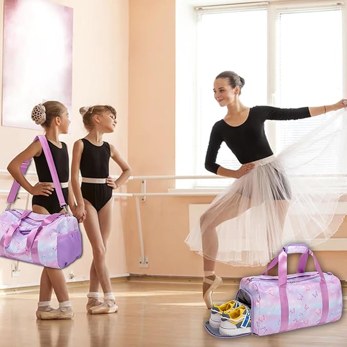 Butterfly Dance Bag for Girls,Gym Travel Duffle Bag Gymnastics Sports Dance Bag with Shoe Compartment