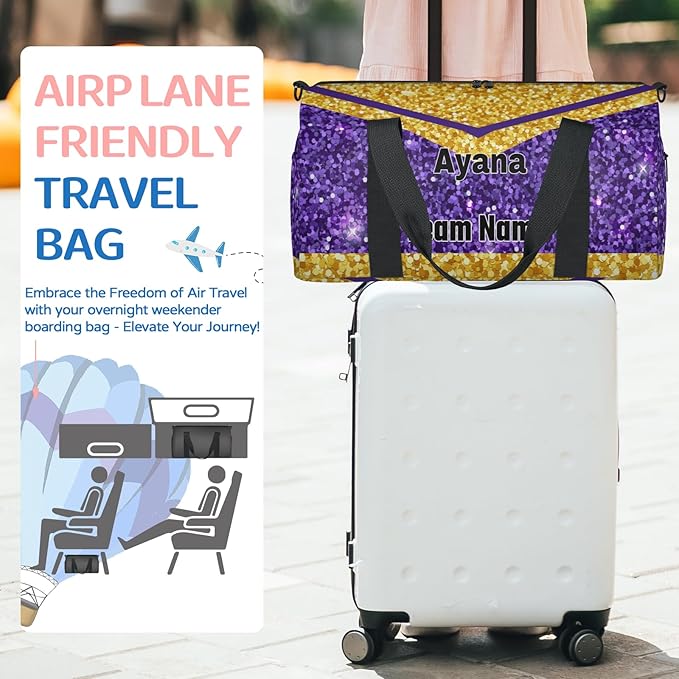 Personalized Cheerleaders' Bag with Team Number, Custom Sport Duffel Weekender Workout Dance Bags for Travel, Gold Purple Sequins Glitter