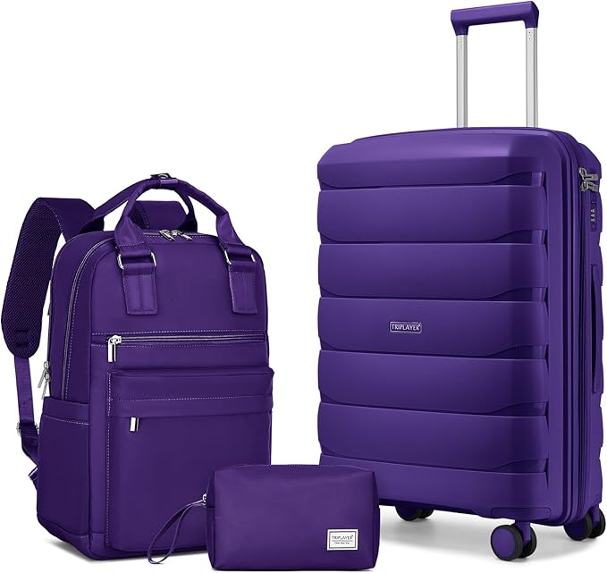 Carry On Luggage 22x14x9 Airline Approved, 22 Inch PP Hardshell Luggage Carry-on Suitcase with Spinner Wheels, Carry On Suitcase Set for Women(Purple)