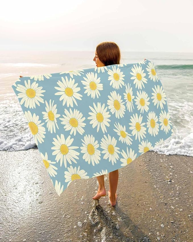 ALAGEO Beach Towels White Daisy Bath Pool Towel Yellow Flower Floral Blue Background Bath Towels Sand Free Beach Blanket Quick Dry Lightweight Travel Towel for Adults Beach Gifts 23x47 inch