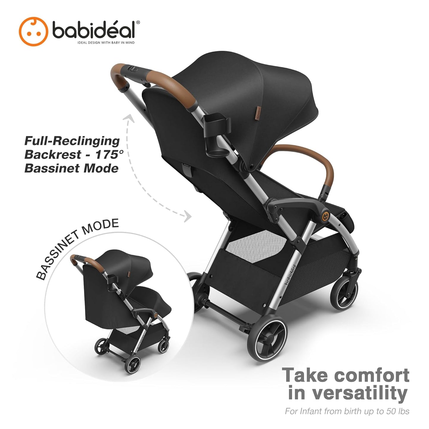 Lightweight Travel Stroller for Baby, Self-Folding Toddler Stroller with Large Canopy, Full-Reclining Seat, Cup Holder Included - Newborn to 50lbs.