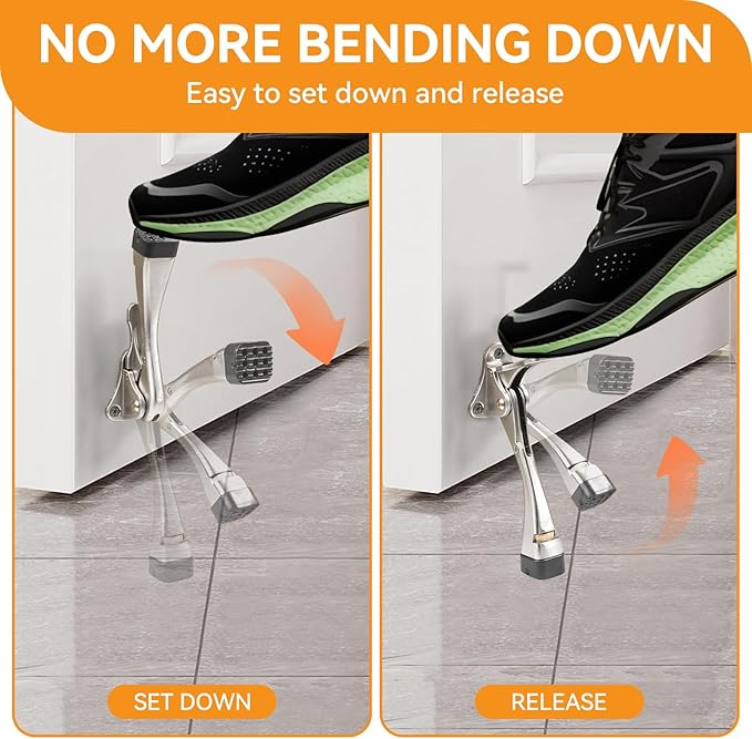 Kickdown Door Stopper 4 Inches - 2 Packs One Touch Adjustable Height Door Stop for The Bottom of Door Aluminum Alloy Metal Door Stopper with Rubber Tip & Wall Protectors for Wide Doors Nicke
