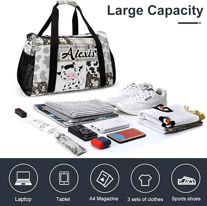 Personalized Name Sports Player Duffel Bags with Adjustable Shoulder Strap for Shoes Silver Gray Patchwork Cow Pattern Handheld Crossbody Travel Bag