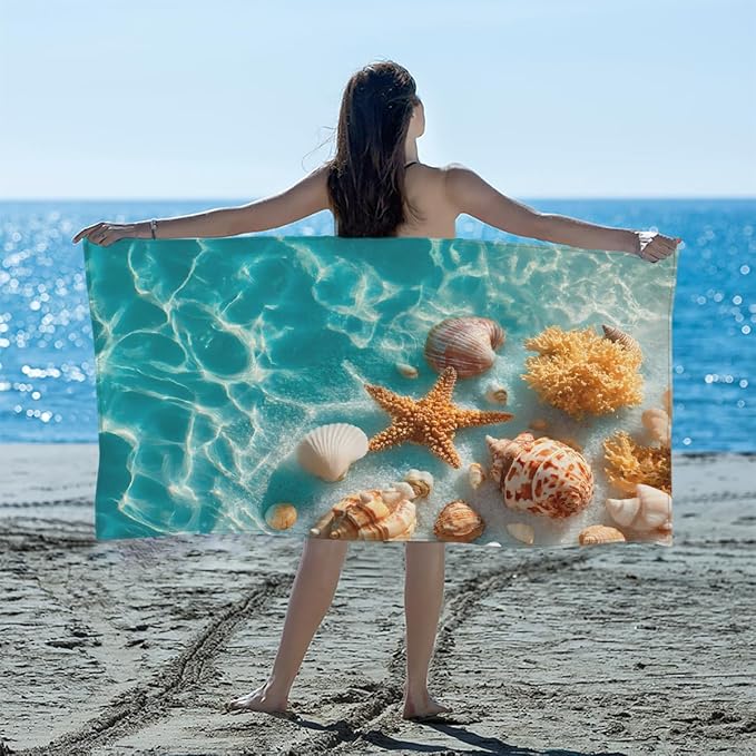 Summer Seashells Sea Beach Towel, Large Microfiber Quick Dry Lightweight Pool Bath Towels Sand Free Beach Blanket for Summer Cruise Yoga Camping Travel Vacation Essentials 31 x 61 in