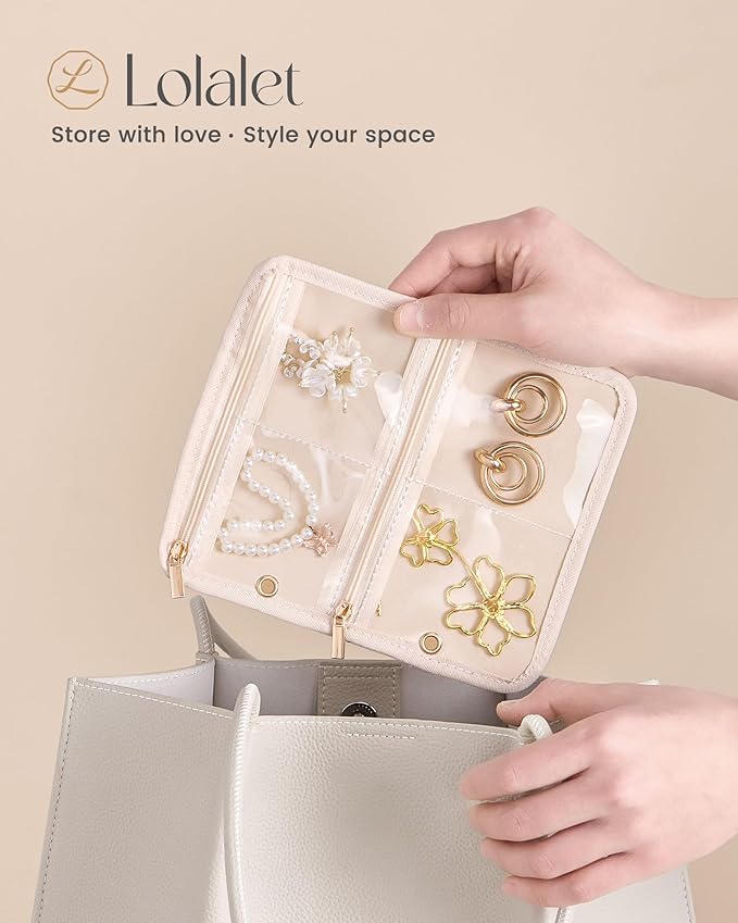 Lolalet Travel Jewelry Organizer Storage Bags, 4 Pcs Transparent Velvet Pouches with Compartments & Zippers for Jewelry Display of Earrings, Rings, Necklaces & Bracelets for Girls Women -Apricotpink