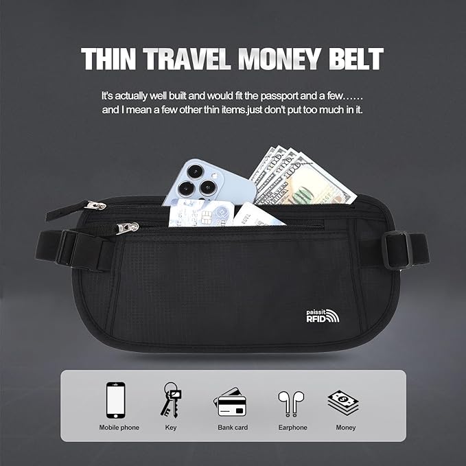 Unisex Money Belt For Men and Women, Slim Passport Holder RFID Blocking Travel Essentials Pouch with Adjustable Strap Small Waist Pouch for Workout Running Travelling Hiking, Black & Light Grey