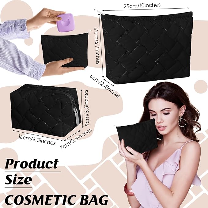 2 Pc Makeup Bag Set Cute Quilted Cosmetic Pouch for Women Travel Toiletry Bag Preppy Small Makeup Purse Pouch Skincare Brushes Storage Organizer Pencil Case Set (Knitted,Quilted,Black)