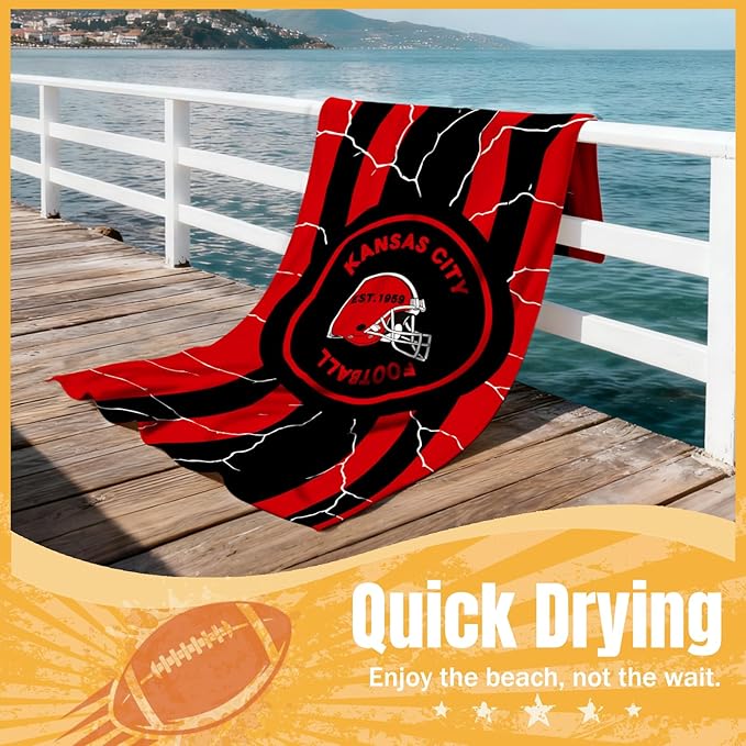 Football Fan Thin Lightweight Microfiber Beach Towel Kansas City Themed Big Absorbent Oversized Towels Men Women Gear Chiefs Team Boyfriend Bf Father Friend Christmas Xmas Father Day Gag Unique Gift