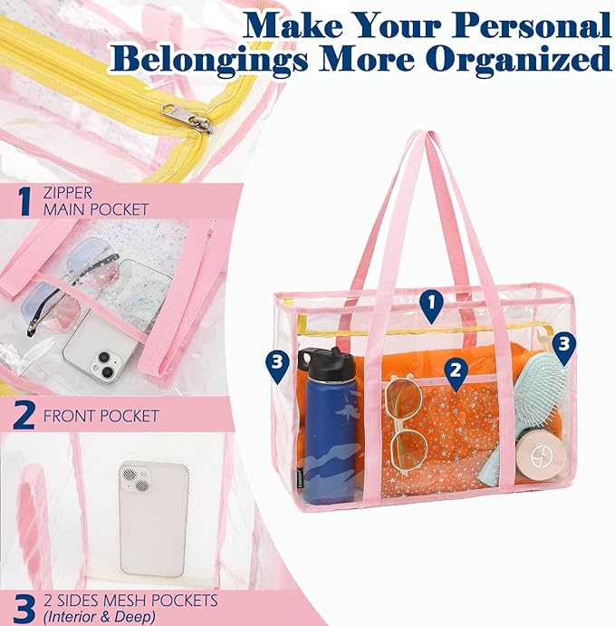 Clear Beach Bag for Women, Large Pool Tote Cruise Vacation Essentials - Zipper Closure, Waterproof, Sandproof