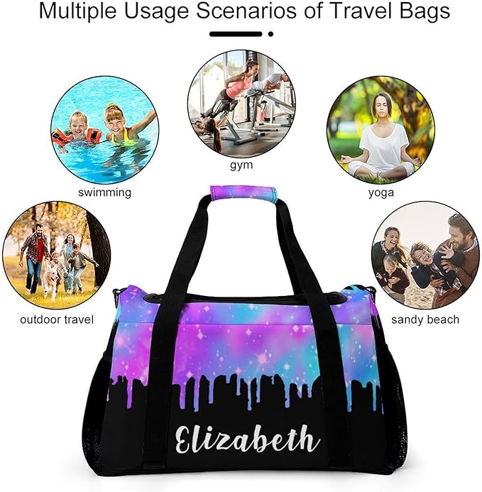 Personalized Starry Blue Pink Sparkling Print Duffle Bag with Name for Women Man Custom Travel Perform Training Bag for Men Women Luggage Bag
