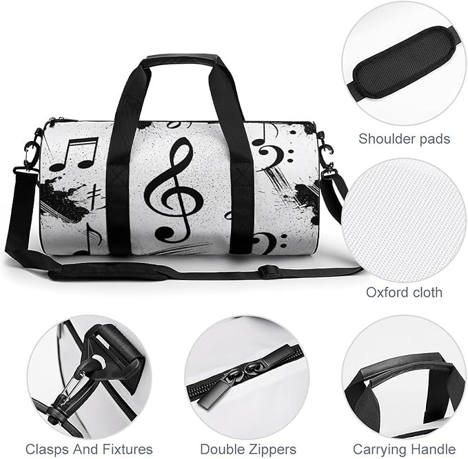 Basketball Football Weekender Bag Dance Sports Gymnastics Bag Lightweight Travel Sports Bags (Black And White Music Notes)