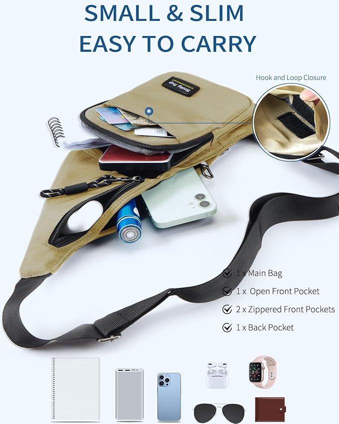 Seoky Rop Sling Bag for Men Women Slim Personal Purse Pocket Small Anti-Thief Crossbody Chest Bag for Travel Hiking Champagne