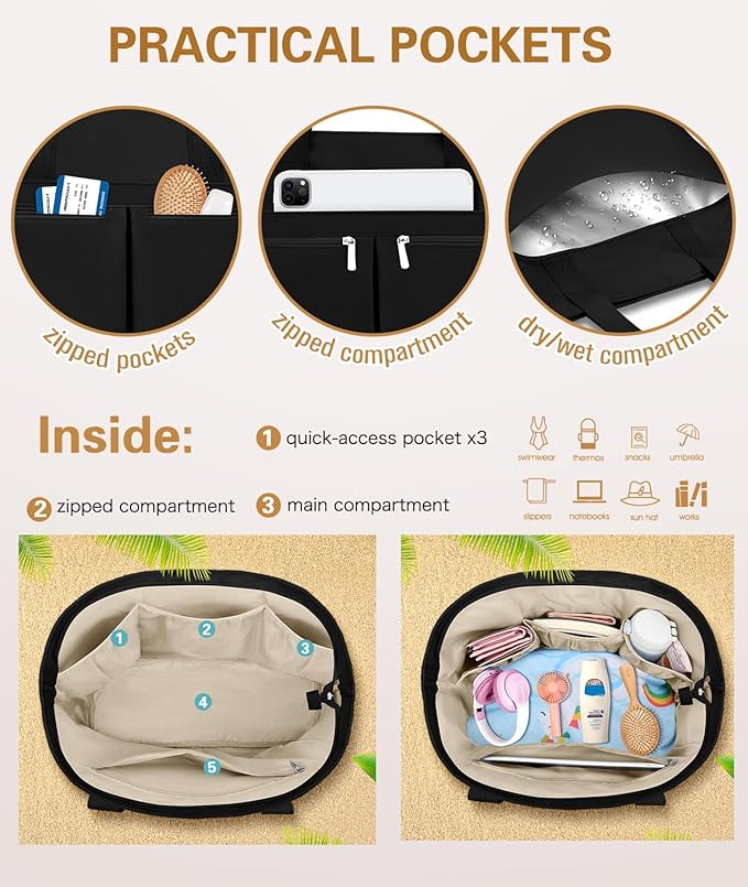 HUANLANG Large Beach Bags for Women Pool Bag with Zipper, Waterproof Sandproof Beach Tote Travel Bag with Wet Pocket | Waterproof, Large capacity, Dry/wet separation, Durable fabric, Cooling function, sandproof