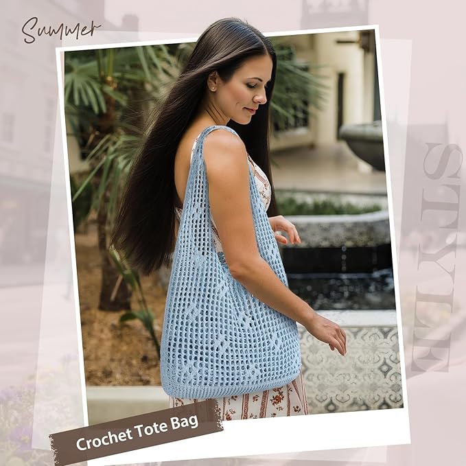 Sightor Crochet Tote Bag, Mesh Beach Bag Knit Summer Hobo Bag Vacation Boho Tote Bag for Women