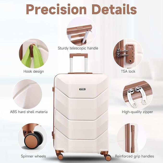 Hoteel Luggage Sets 3 Piece with Spinner Wheels TSA Lock (4-YEAR WARRANTY), Durable Carry On Suitcase Luggages, Wet-Dry Separation Compartment, ABS Hardshell for Travel, School, Beige(20/24/28in)