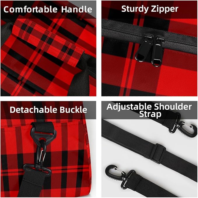 Gym Bag for Women Men, Red And Black Checkered Patterns Travel Duffle Bags for Dance Ballet Overnight, Carry-On Weekender Bag with Detachable Shoulder Strap