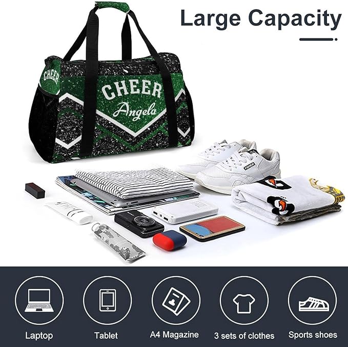 Personalized Green Cheerleader Black Sequin Print Duffle Bag with Name for Women Man Custom Multifunctional Travel Perform Training Bag Luggage Bag