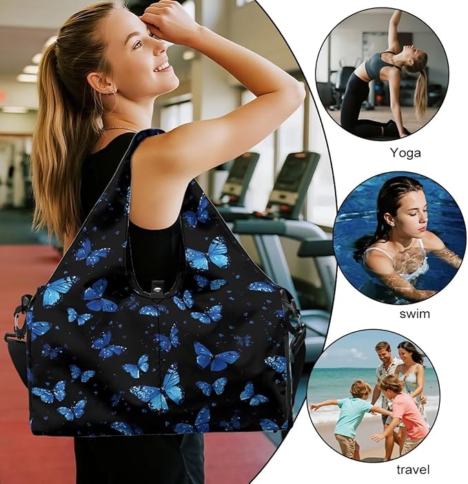 Blue Butterfly Small Gym Bag for Women Travel Duffel Bag with Shoe Compartment Decorative Tote Bags for Yoga, Sports, Hospital, Overnight, Weekender Organizer, Black