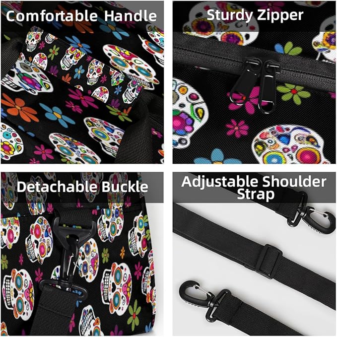 Travel Duffle Bag, Colorful Sugar Skull Pattern Waterproof Weekender Overnight Bags for Women Men Lightweight Carry on Duffle Gym Bag for Travel, Sports, Fitness, Workout