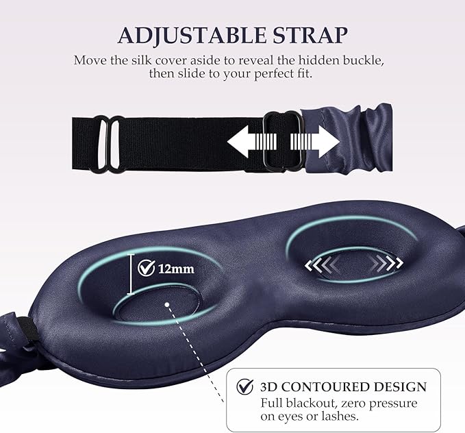 100% Mulberry Silk Sleep Mask for Unisex, 22 Momme 3D Silk Contoured Eye Mask, Breathable Light Blocking Blindfold with Adjustable Strap, Blackout Eye Cover for Travel, Blue
