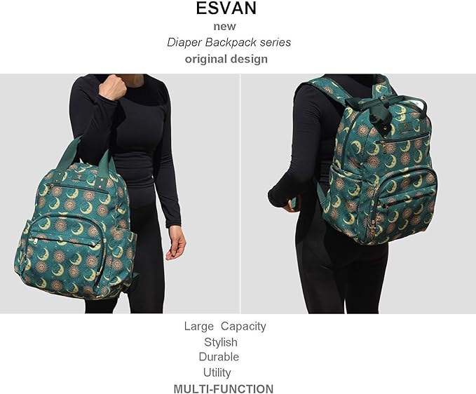 Diaper Bag Backpack, Large Capacity Multifunction Baby Essentials Fashion Travel Pack Linen Canvas office Laptop Bag (Corduroy Dark Green Moon)