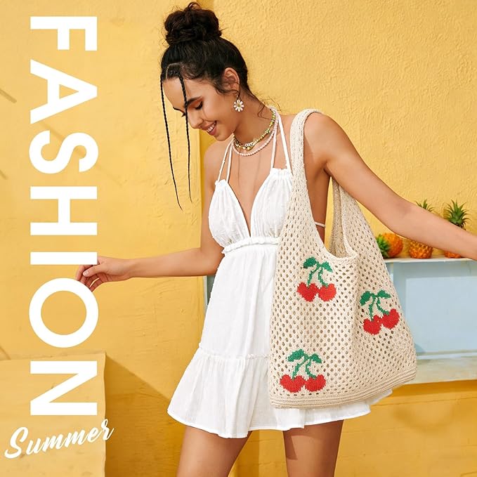SUOSDEY Crochet Mesh Beach Tote Bag, Knit Summer Vacation Aesthetic Boho Tote Bag for Women