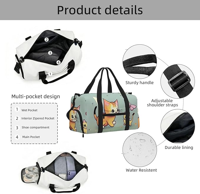 Kitten Butterfly Print Gym Bag with Shoe Compartment for Women Men, 17.7in Sports Duffle Weekender Tote, Overnight Travel Duffel Bag Carry On