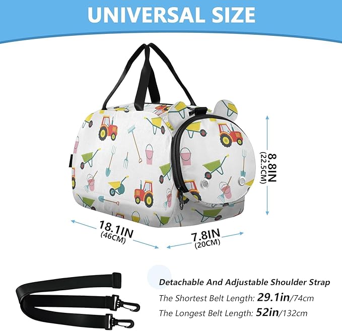 VIGTRO Garden Tools Tractor Bucket Kids Overnight Travel Duffel Bag Sport Gym Bag for Boys Girls with Shoe Compartment, Carry On Weekender Luggage Bag for Dance Swim Yoga
