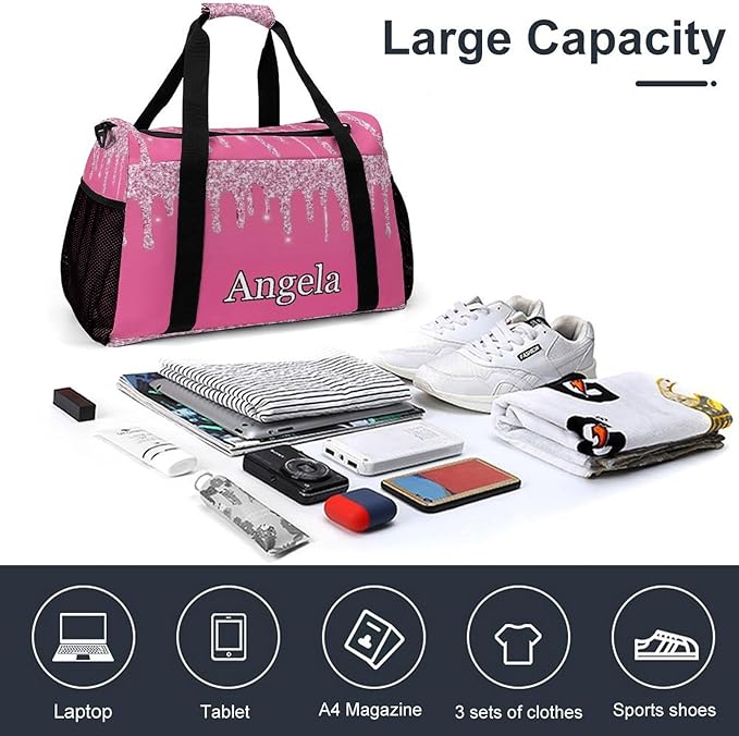 Pink Bling Print Personalized Duffle Travel Bag Custom Duffel Bag with Printed Sports Bag with Name Weekend Overnight