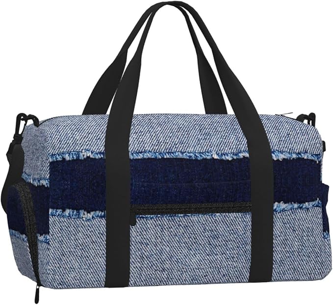 Denim Blue Jeans Bleached Denim Fabric Women'S Gym Duffle Bag With Shoes Compartment, Ideal For Travel, Gym, Sports, Duffel, Weekender