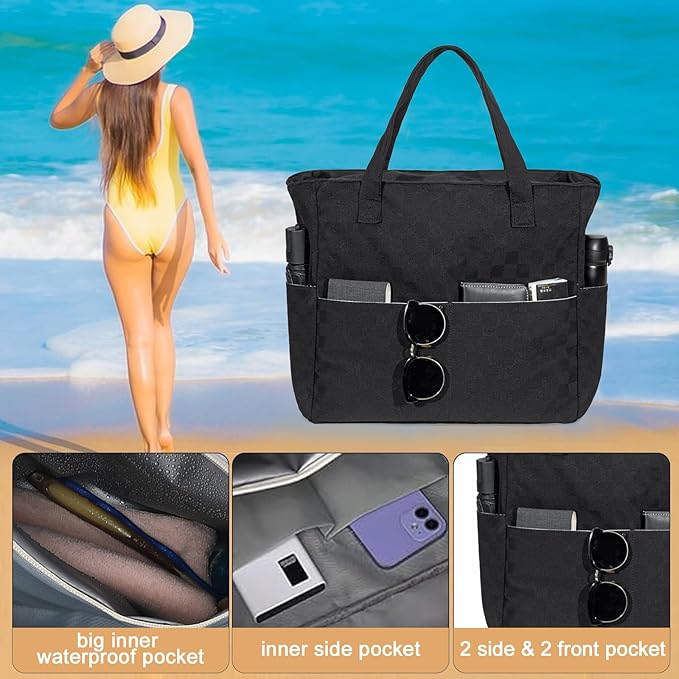 LEDAOU Beach Bag Waterproof Sandproof Women Beach Tote Pool Bag with Zipper for Swim Gym Grocery Travel with Wet Pocket | Sandproof, with Zipper, for Gym, Grocery, Travel, with Wet Pocket