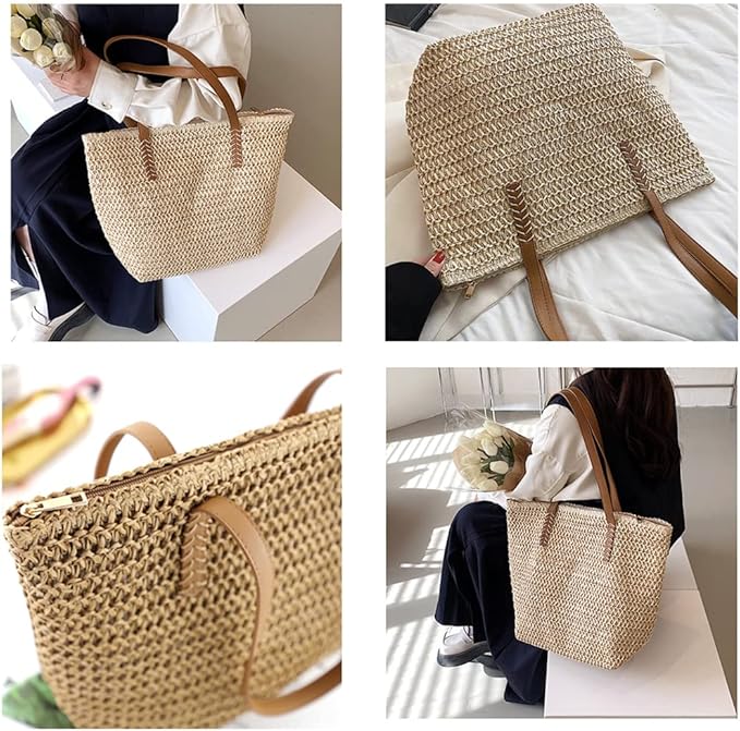 Large Straw Beach Bag for Womens, Straw Handbag Woven Tote Bag With Zipper Summer Shoulder Bag