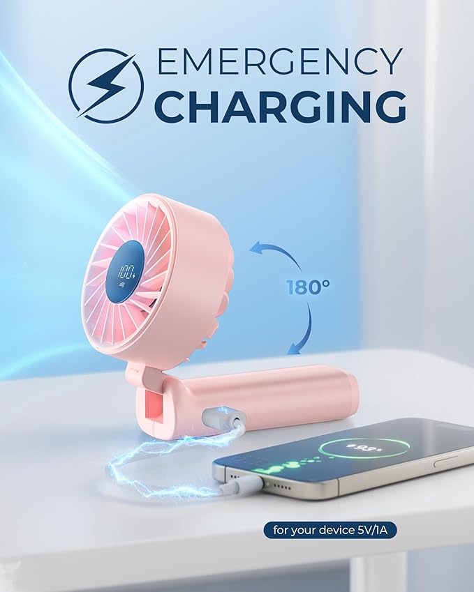 Handheld Portable Fan, 4000mAh USB Rechargeable Personal Fan, 180° Foldable Mini Desk Fan with 6 Wind Speed, LCD Digital Display, Lanyard as Neck Fan, Ultra Quiet
