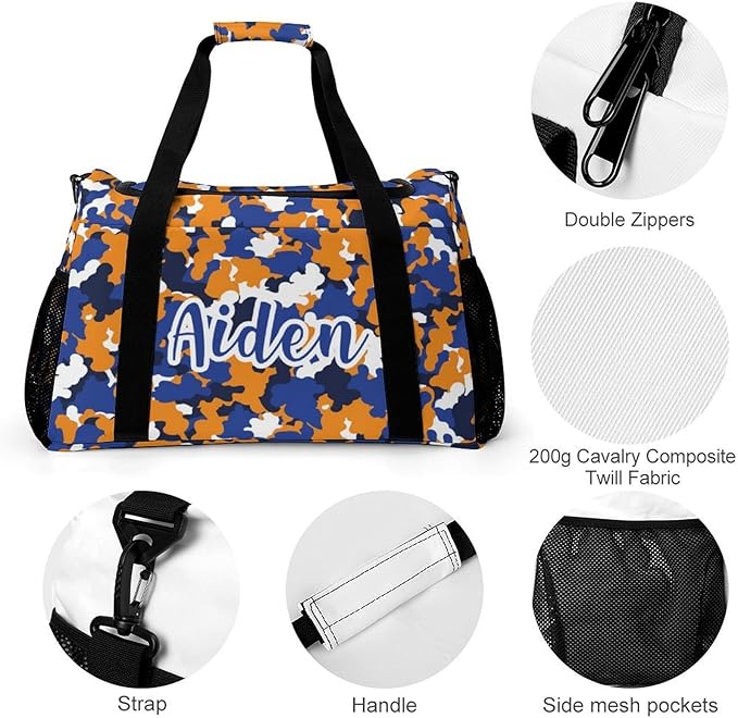 Camouflage Navy Blue Orange Camo Waterproof Duffel Bag Gym Dance Sport Perform Training Bag for Teens Adults Women Men Handheld Crossbody Travel Bag