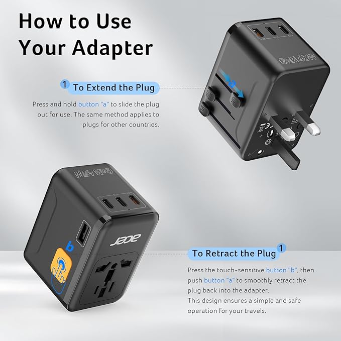 Acer 45W GaN Universal Travel Plug Adapter - International Power Adapter with 3 USB C & 1 USB A, Worldwide Power Outlet Travel Essentials for USA to European UK AUS Ireland, Type C/G/I/A, Black
