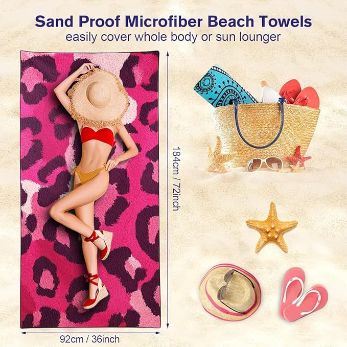 Pink Leopard Print Beach Towel, 36"x72" Sand Free Quick Dry Thin Lightweight Microfiber Towel Gifts for Women