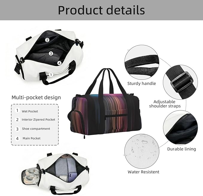 Colorful rainbow rain Print Gym Bag with Shoe Compartment for Women Men, 17.7in Sports Duffle Weekender Tote, Overnight Travel Duffel Bag Carry On