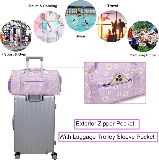 Dance Ballet Bag for Girls Teen Travel Duffel Sports Gym Yoga Cheer Weekender Corduroy Daisy Dance Bags with Shoe Compartments（purple daisy）