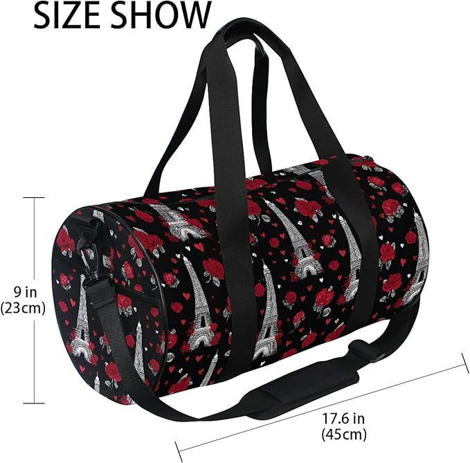 MNSRUU Sports Duffel Bags, Eiffel Tower Rose Athletic Gym Bag Overnight Workout Travel Tote Luggage for Men Women Yoga